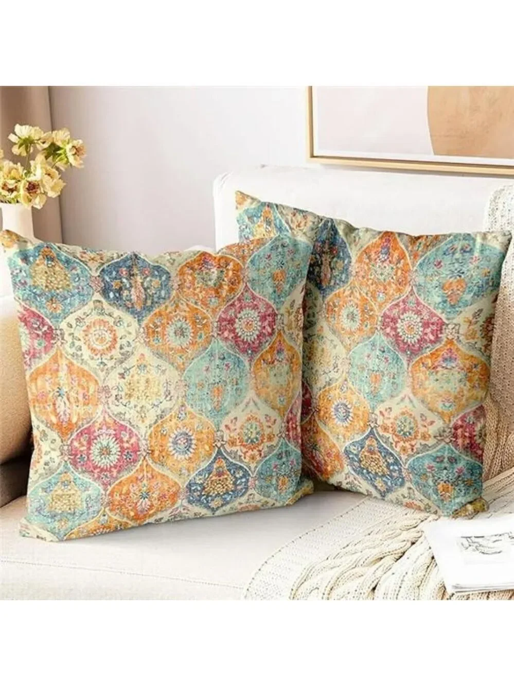 Boho Throw Pillow Covers 18x18 Set of 2 Cream Soft Decorative Square Sofa Cushio